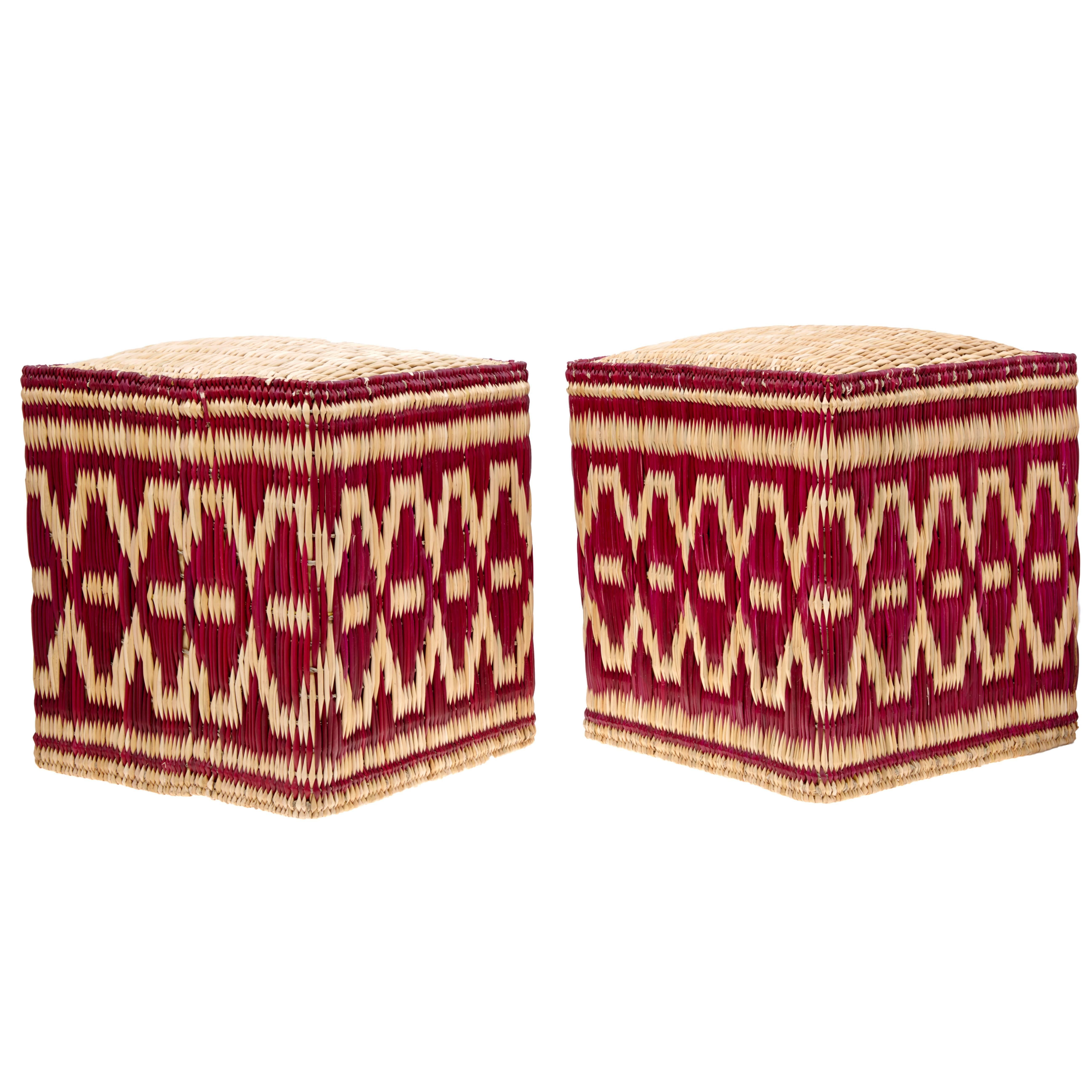 Pair of Moroccan Wicker Stools with Red Decorations For Sale
