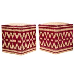 Pair of Moroccan Wicker Stools with Red Decorations