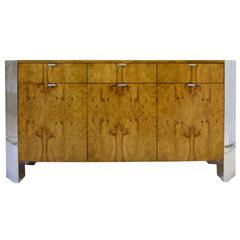 Milo Baughman for Directional "Skyscraper" Burled Elm and Chrome Credenza