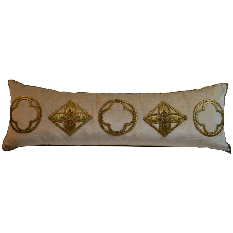 Antique Raised Gold Metallic Embroidered Applique Pillow For Sale at