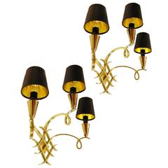 Pair of Triple Arms Brass Sconces in the Style of Leleu 4