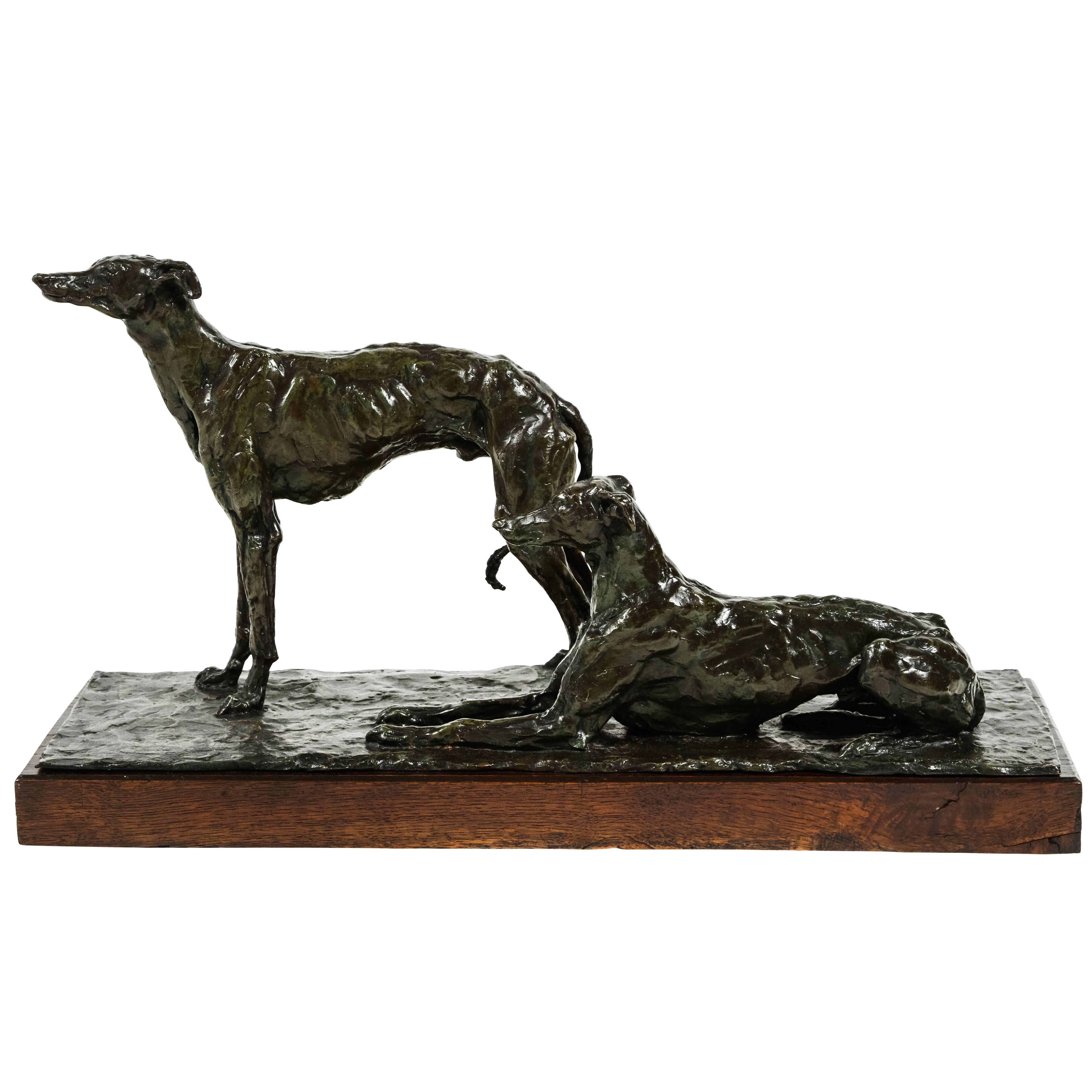 Unique French Cire Perdu Bronze of Greyhounds by Irénée Rochard
