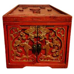Red Lacquer Gilded Chinese Antique Jewelry Box, 19th Century