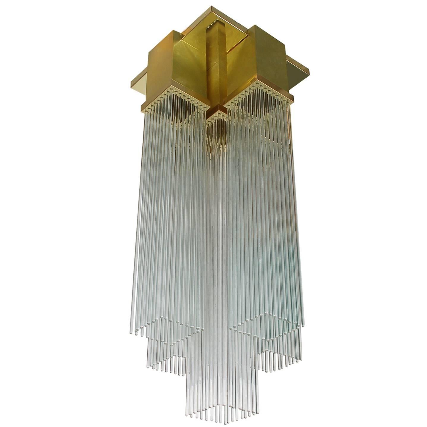 Glass Rod and Brass Art Deco Chandelier by Lightolier