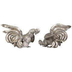 Pair of Camusso Sterling Silver Fighting Roosters Sculpture
