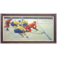 Vintage "Crossing the Blue Line" Hockey Painting by Russian Painter Nikolai Ovchinnikov