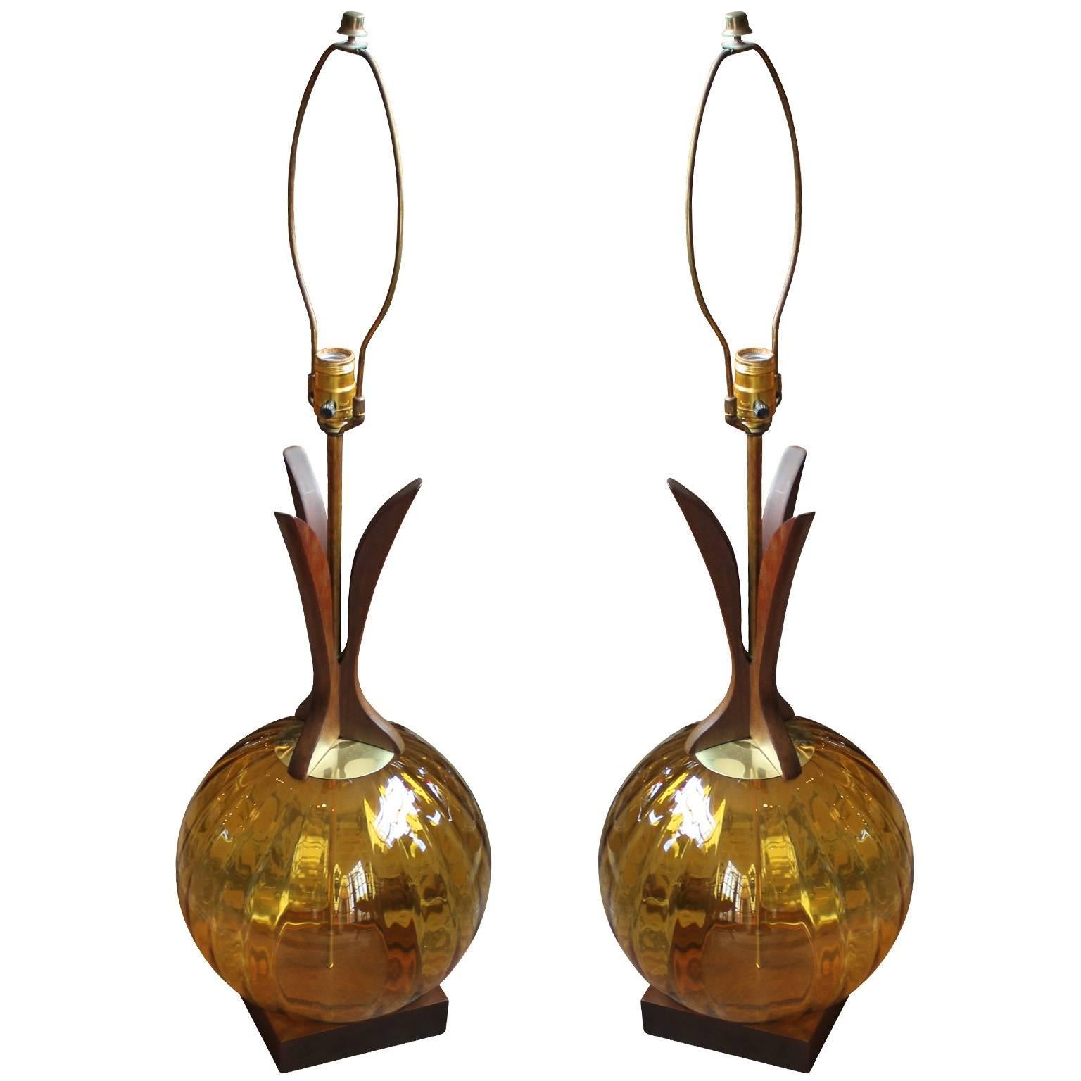 Pair of Modern Amber Glass Globe and Walnut Table Lamps