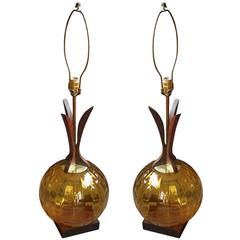 Pair of Modern Amber Glass Globe and Walnut Table Lamps