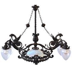 Colossal Wrought Iron Victorian Fixture with Dragons and Vaseline Glass