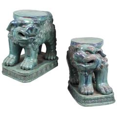 Pair of Glazed Terra-cotta Lion Form Garden Seats