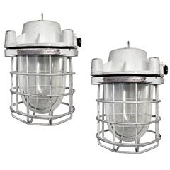 Pair of White European Industrial Cage Lights