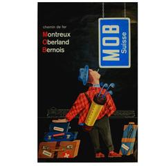 Original Retro Montreux Oberland Bernois MOB Railway Poster Featuring a Golfer