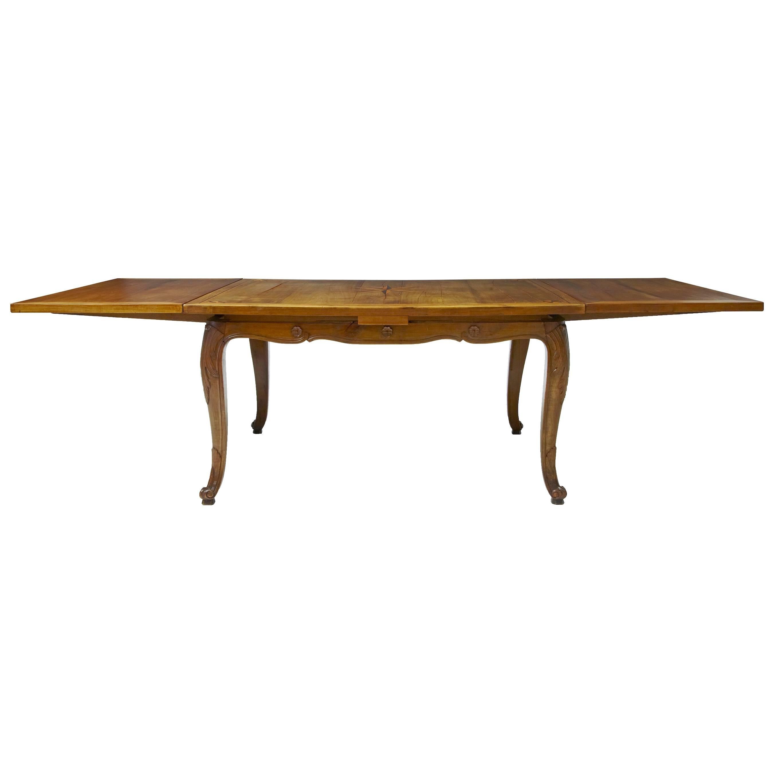 19th Century French Inlaid Fruitwood Draw-Leaf Dining Table