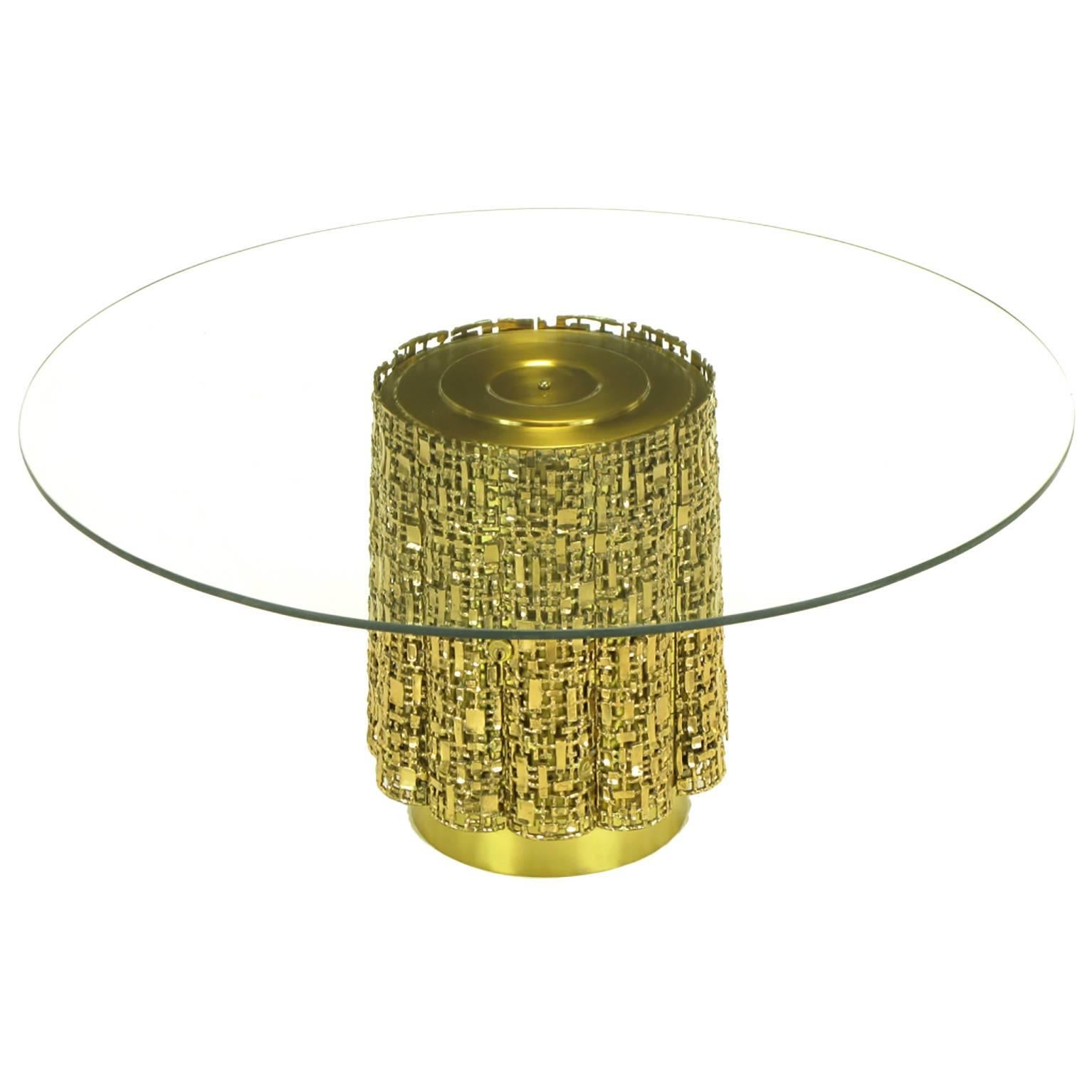 Glass Coffee Table with Base of Solid Brass Pierced Brutalist Relief Panels