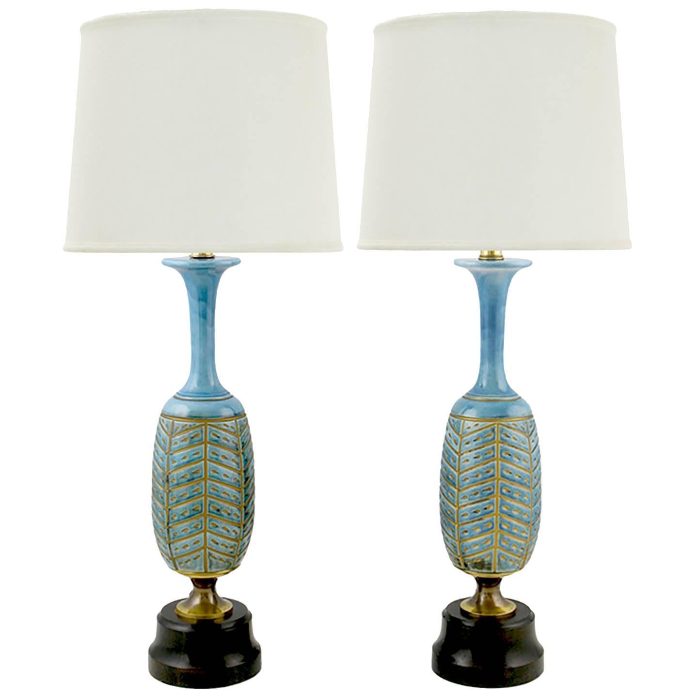 Pair of Rembrandt Cerulean Blue Pottery and Brass Table Lamps