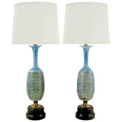 Pair of Rembrandt Cerulean Blue Pottery and Brass Table Lamps