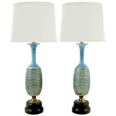 Pair of Rembrandt Cerulean Blue Pottery and Brass Table Lamps 1