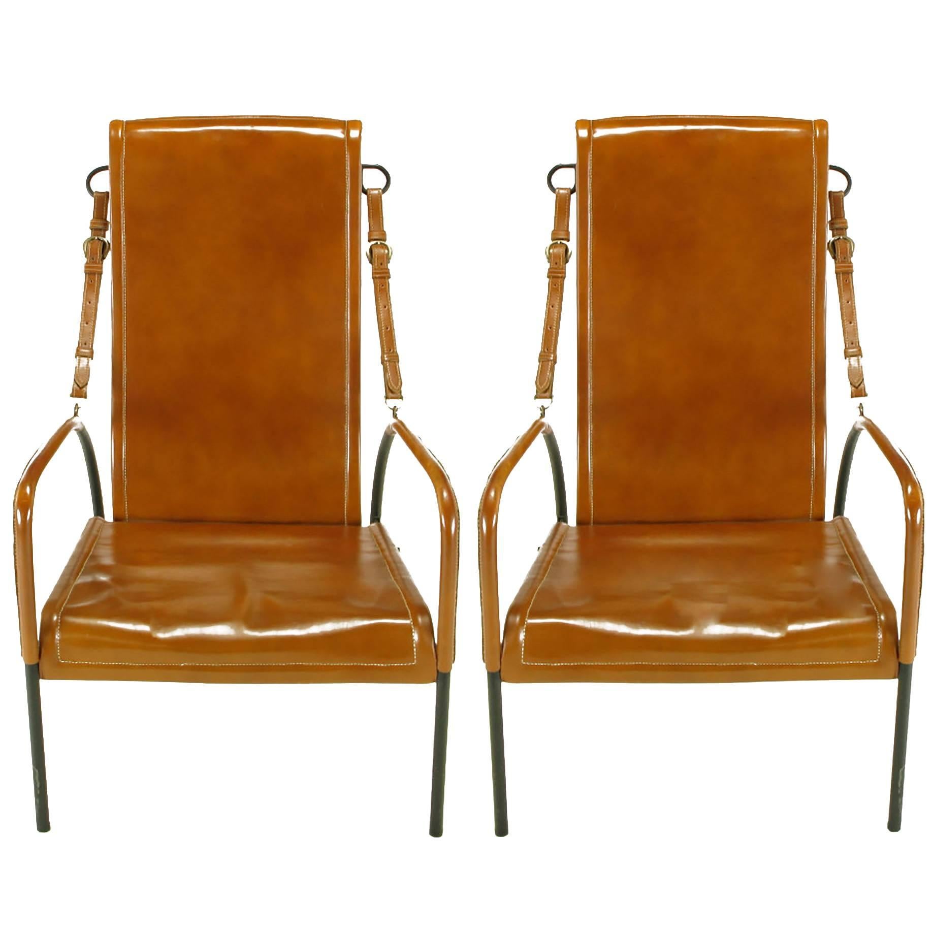 Pair of Custom Leather and Wrought Iron Lounge Chairs after Jacques Adnet