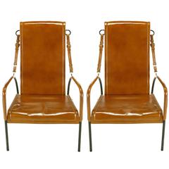 Used Pair of Custom Leather and Wrought Iron Lounge Chairs after Jacques Adnet