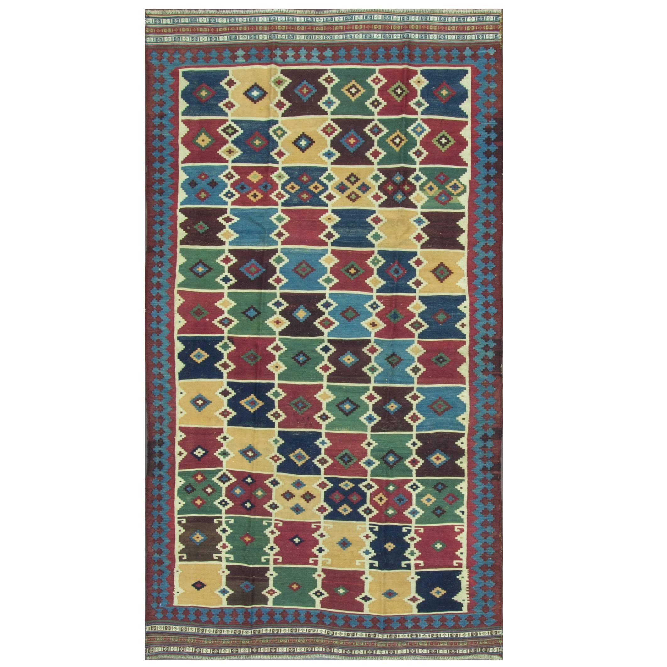 Antique Qashqai/ Caucasian Kilim/Rug 4'10" x 9' For Sale