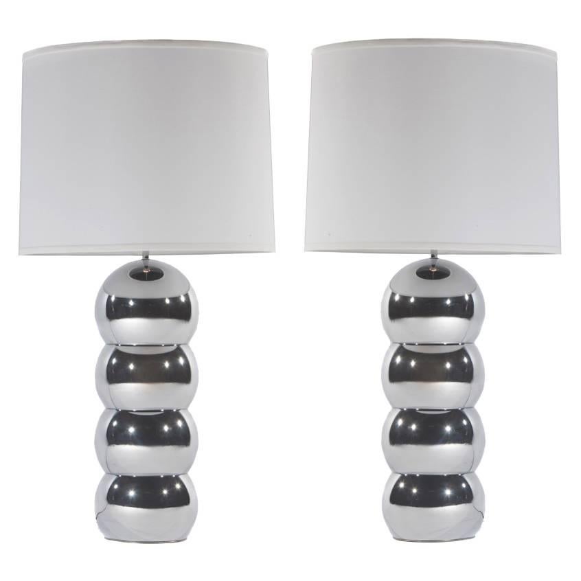 Pair of 1970s Chrome Stacked Ball Lamps by George Kovacs