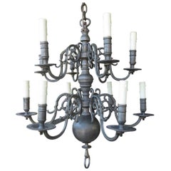 19th/20th Century Two-Tier Dutch and Queen Anne Style Pewter 12-Light Chandelier