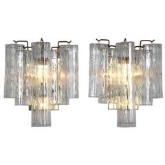 Pair of 1970s Brass Murano Sconces with Tronchi Crystals
