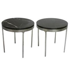 Pair of Nicos Zographos Stainless Steel Tables with Belgian Black Marble Top