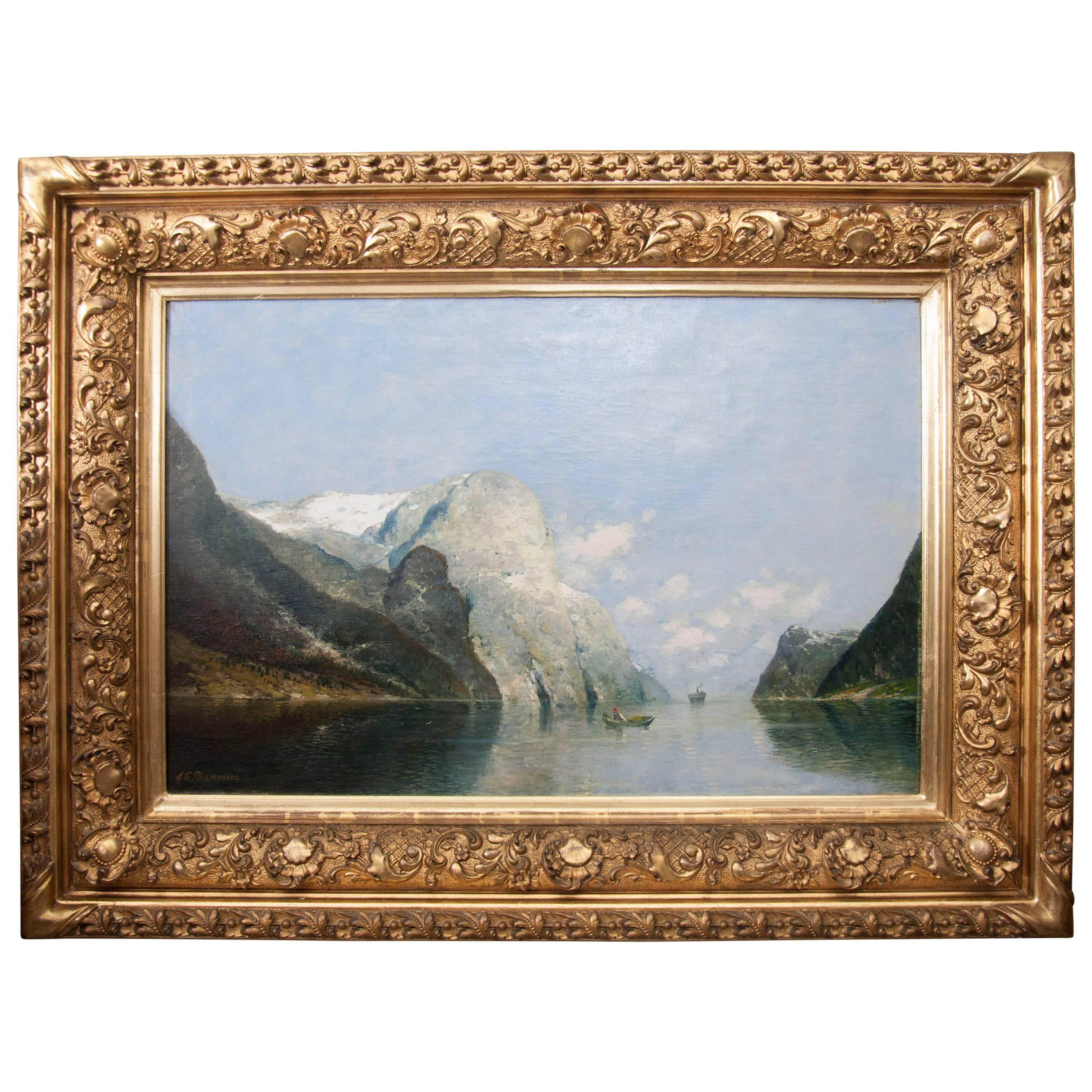 Oil on Canvas of a Fjord by A.G. Rasmussen in Giltwood Frame