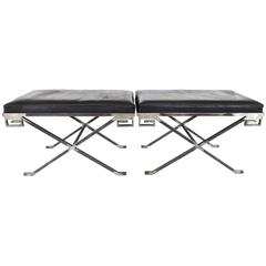 Pair of French Steel X Stools with Greek Key in Style of Jean-Michel Frank