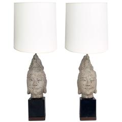 Vintage Pair of Large-Scale Buddha Head Lamps 