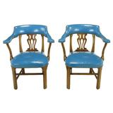 Pair of Barnard & Simonds Blue Leather and Mahogany Armchairs