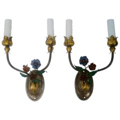 Pair of Patinated Bronze and Tole Floral Sconces
