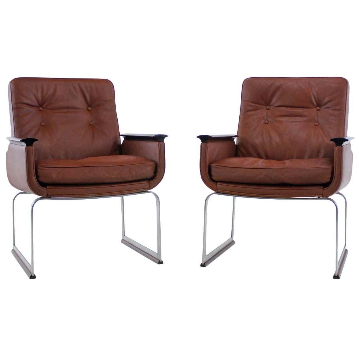 Pair of Danish Modern Steel and Leather Armchairs by Vatne Mobler For Sale