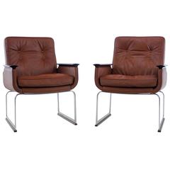 Pair of Danish Modern Steel and Leather Armchairs by Vatne Mobler