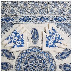 Blue and White Ghalamkar Square Tablecloth and Hand-Painted Linen Napkins