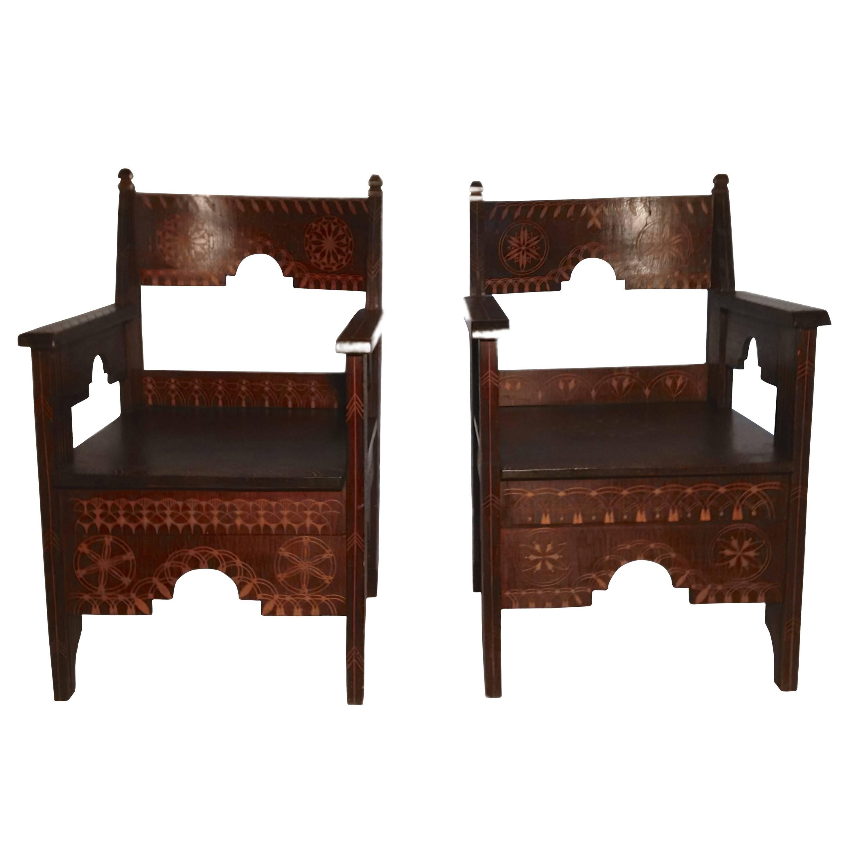 Pair of Carved Wooden Chairs with Moorish Pattern, Italy, circa 1900 For Sale