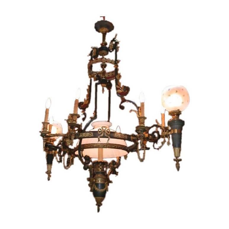 French Belle Epoque Empire style Gasolier and Oil Reservoir Chandelier  For Sale