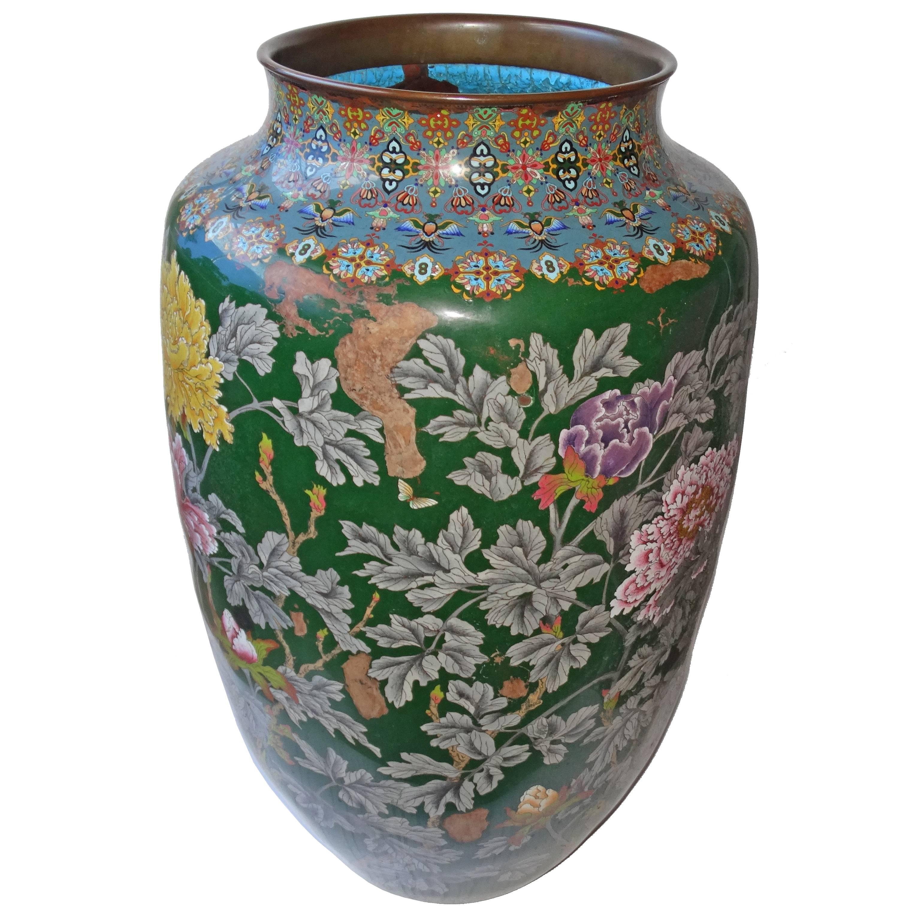 Large Japanese Enamel Vase, Cloissoné, decorated with Chrysanthemum Decoration For Sale