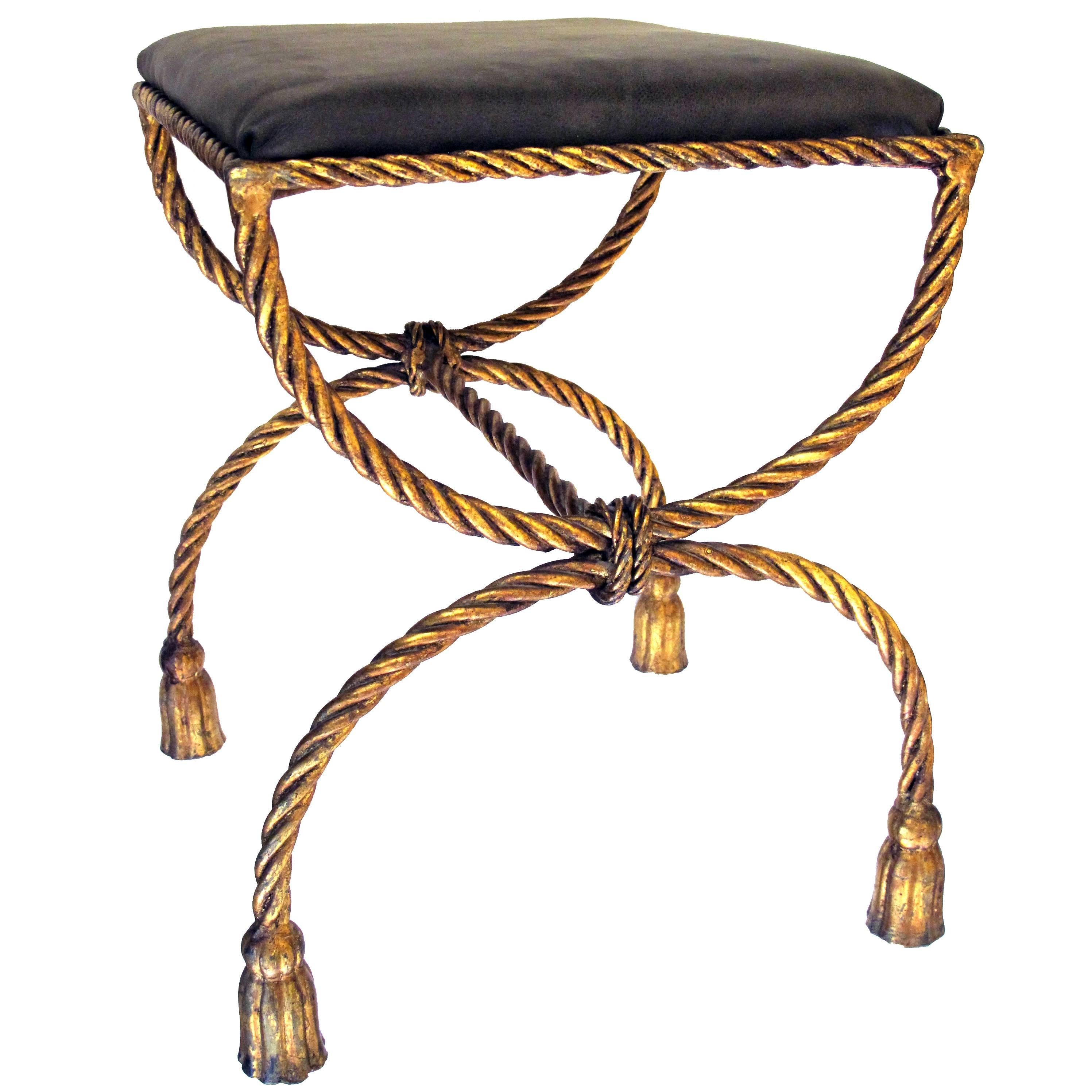 Shapely Italian 196's Gilt Iron Rope-Twist Curule-Form Bench