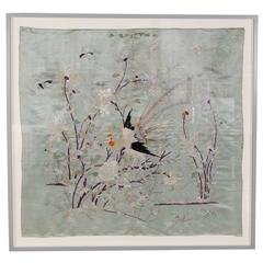 Beautiful, Large Framed 1900s Chinese Embroidery on Blue Silk Background