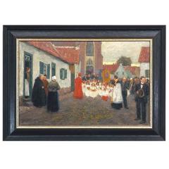 Antique Original Oil Painting 'Sunday Procession in Bruges' by Albert Engstfeld