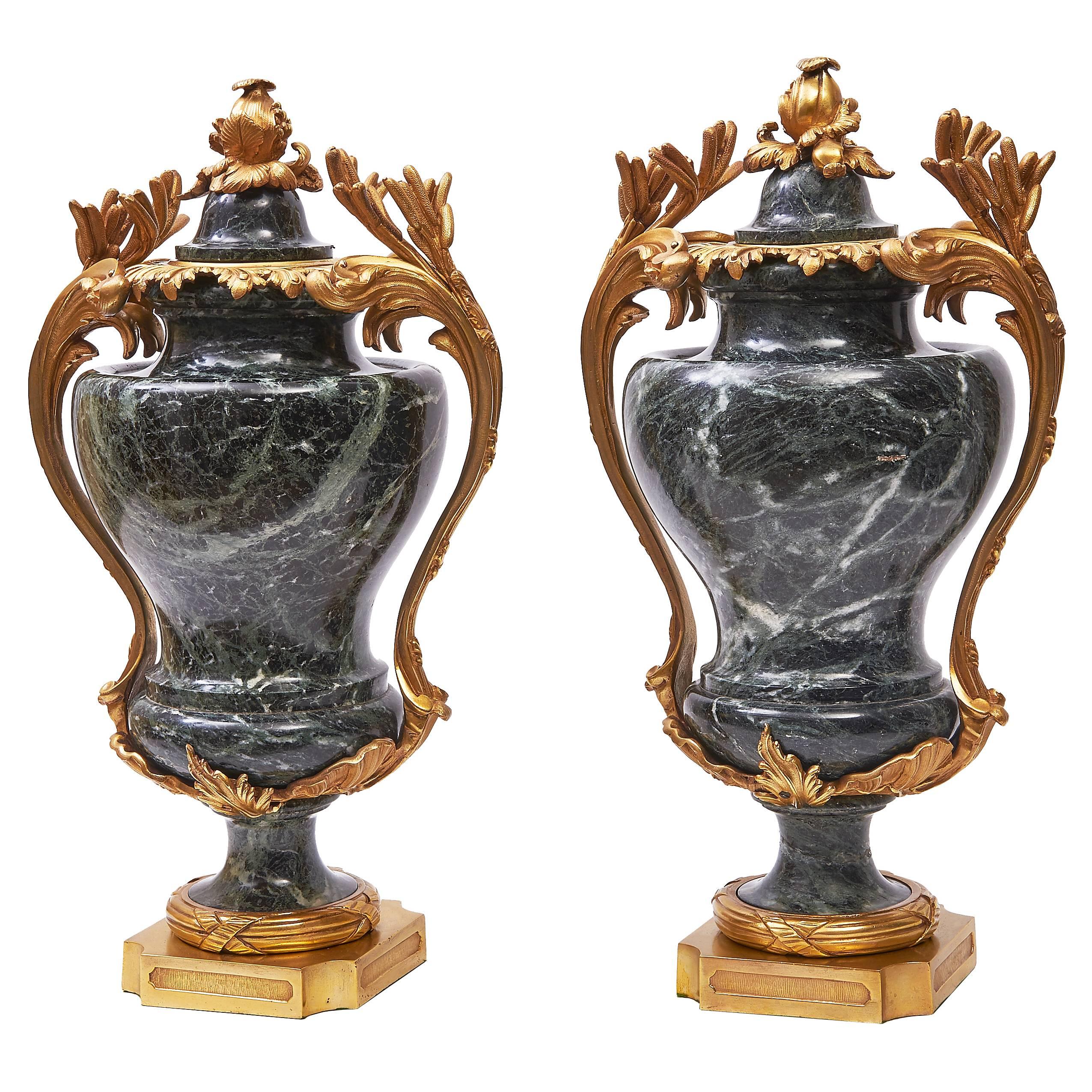Pair of French Napoleon III Large Ormolu-Mounted Marble Cassolettes, circa 1880 For Sale