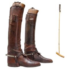 Polo Riding Boots with Antique Boot Trees and Salter & Sons Polo Mallet
