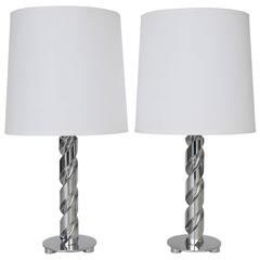 Used Pair of Unique Chrome Drill Bit Table Lamps