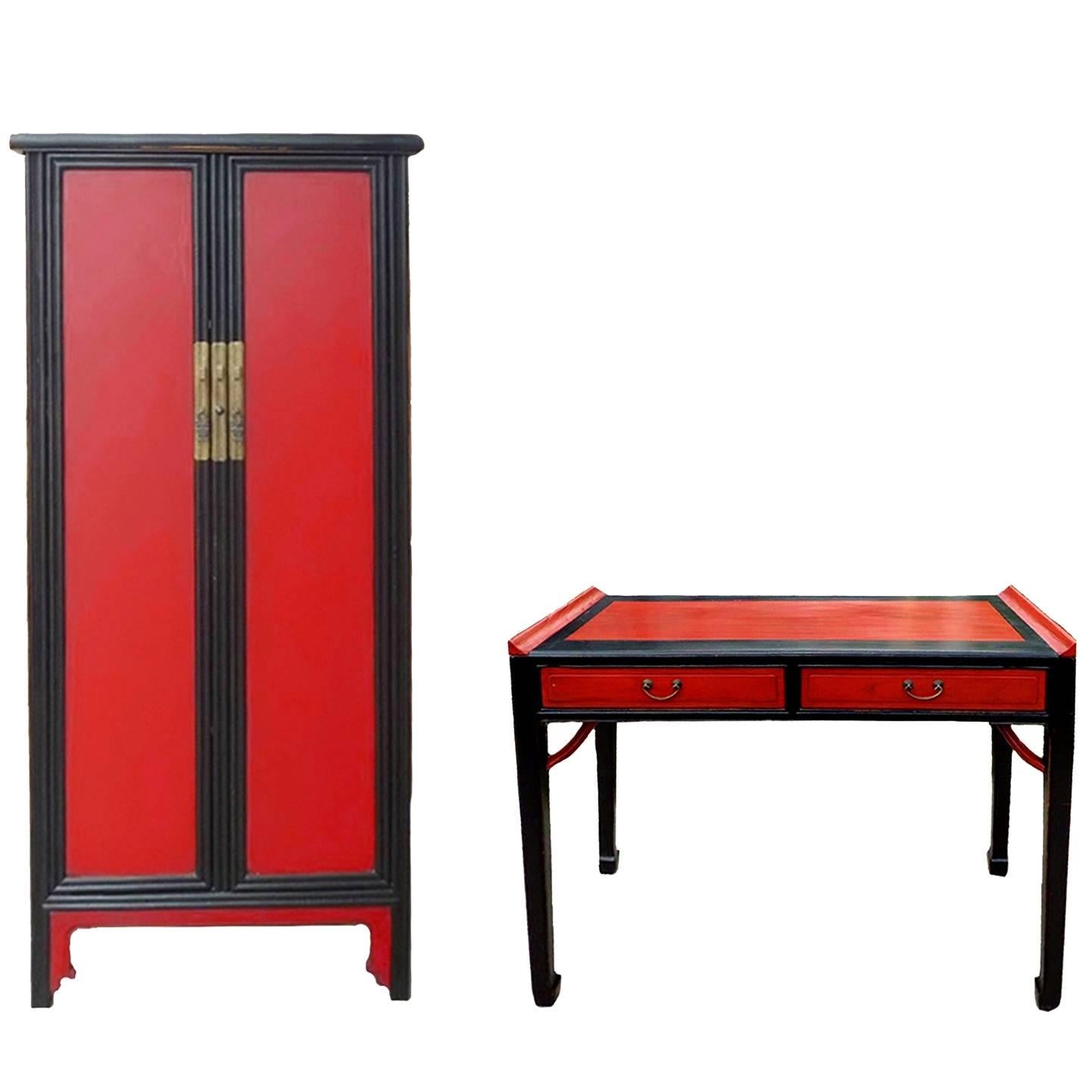 Asian Desk and Chest, Red and Black Lacquer, Ming Style For Sale
