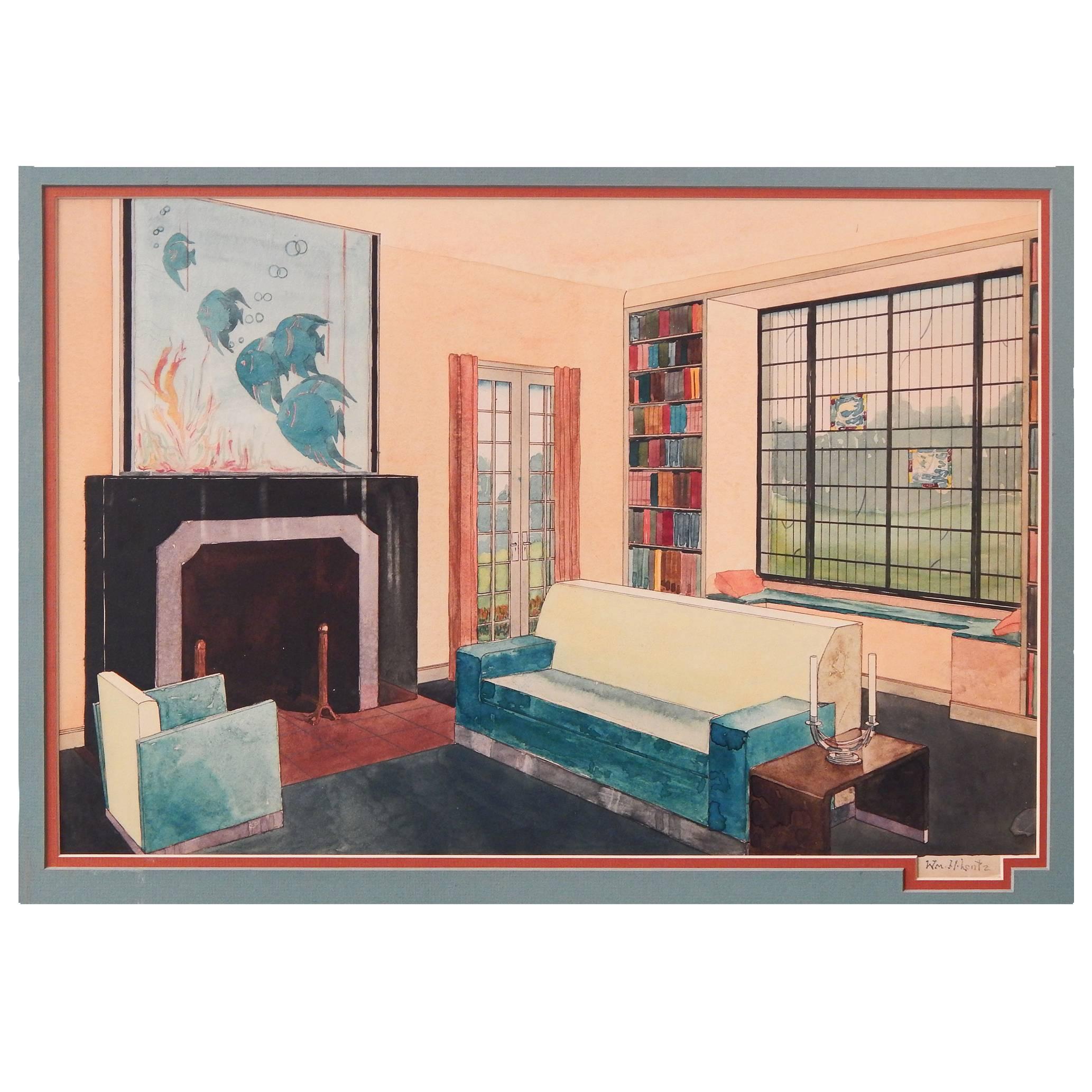 "Living Room with Aquatic-Themed Painting, " Art Deco Watercolor, Blue and Peach