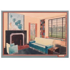 "Living Room with Aquatic-Themed Painting, " Art Deco Watercolor, Blue and Peach