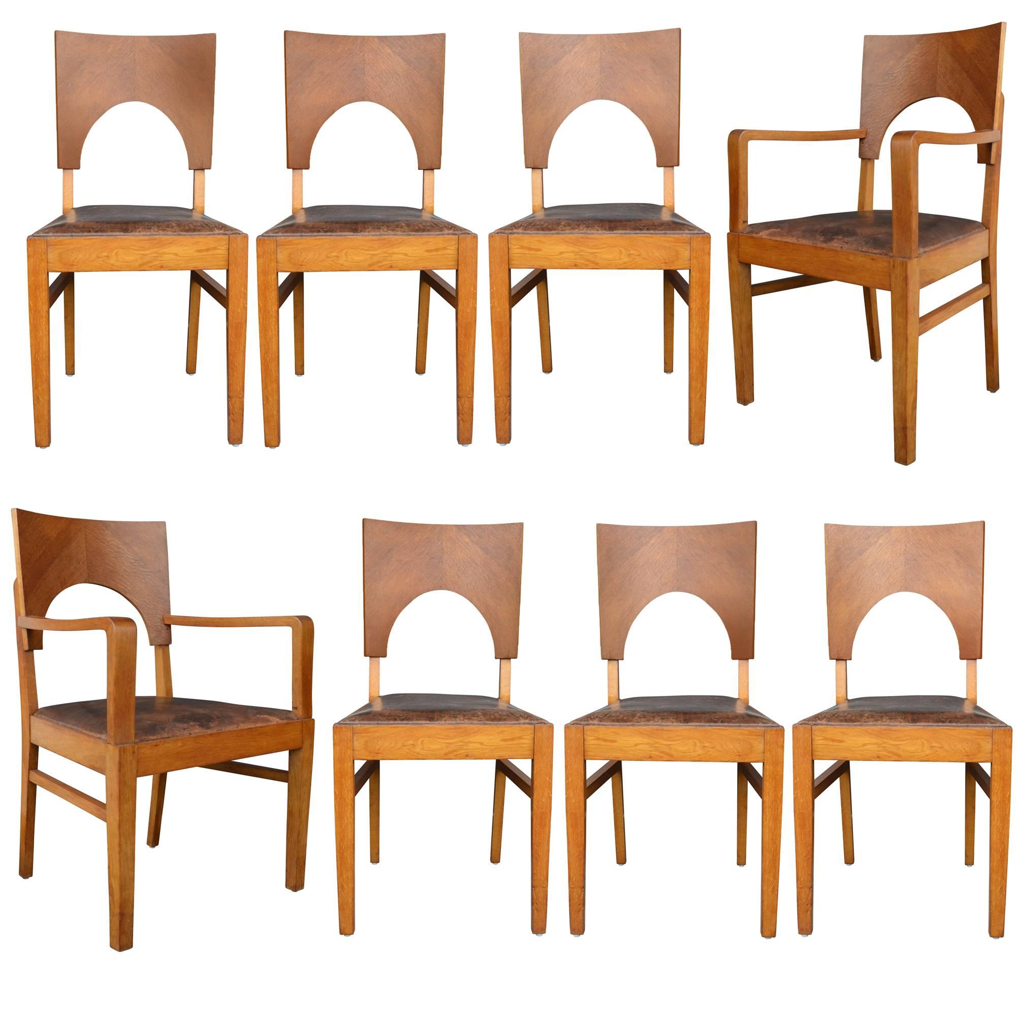 Set of Eight Oak and Leather Art Deco Dining Chairs, circa 1930