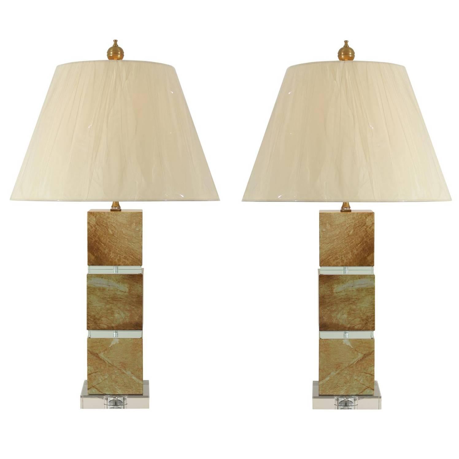 Restored Pair of Modern Lamps in Jade and Crystal